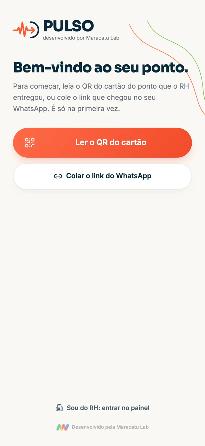 Entrada no app: ler o QR do cartão ou colar o link do WhatsApp
