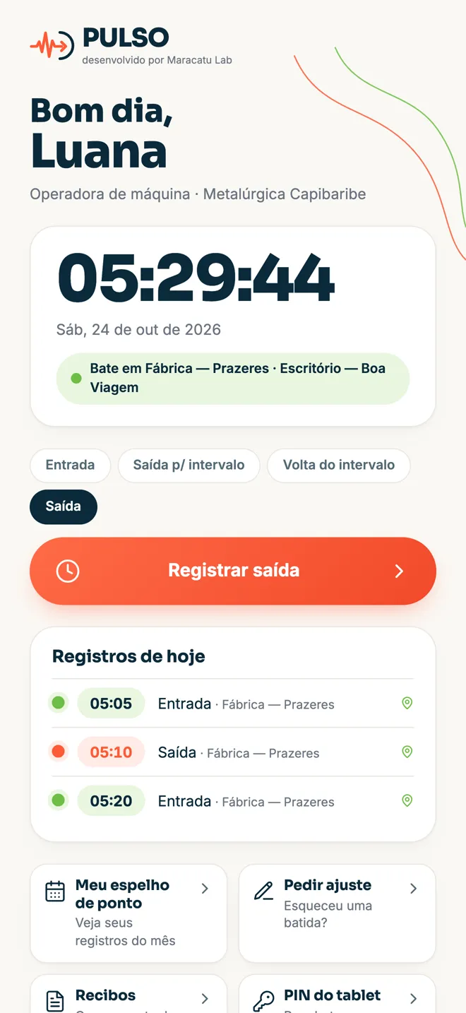 Tela de bater o ponto do PULSO: relógio com segundos, local permitido e o botão Registrar saída