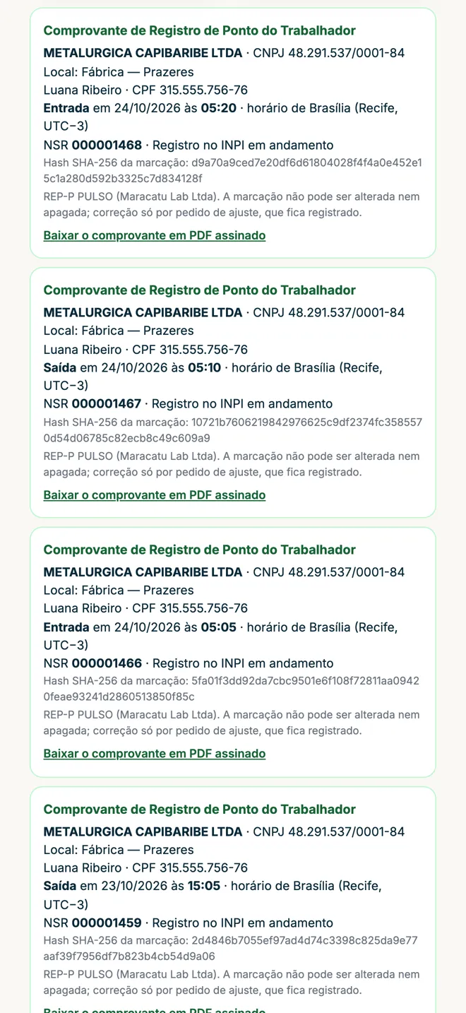 Lista de comprovantes de registro de ponto com PDF assinado