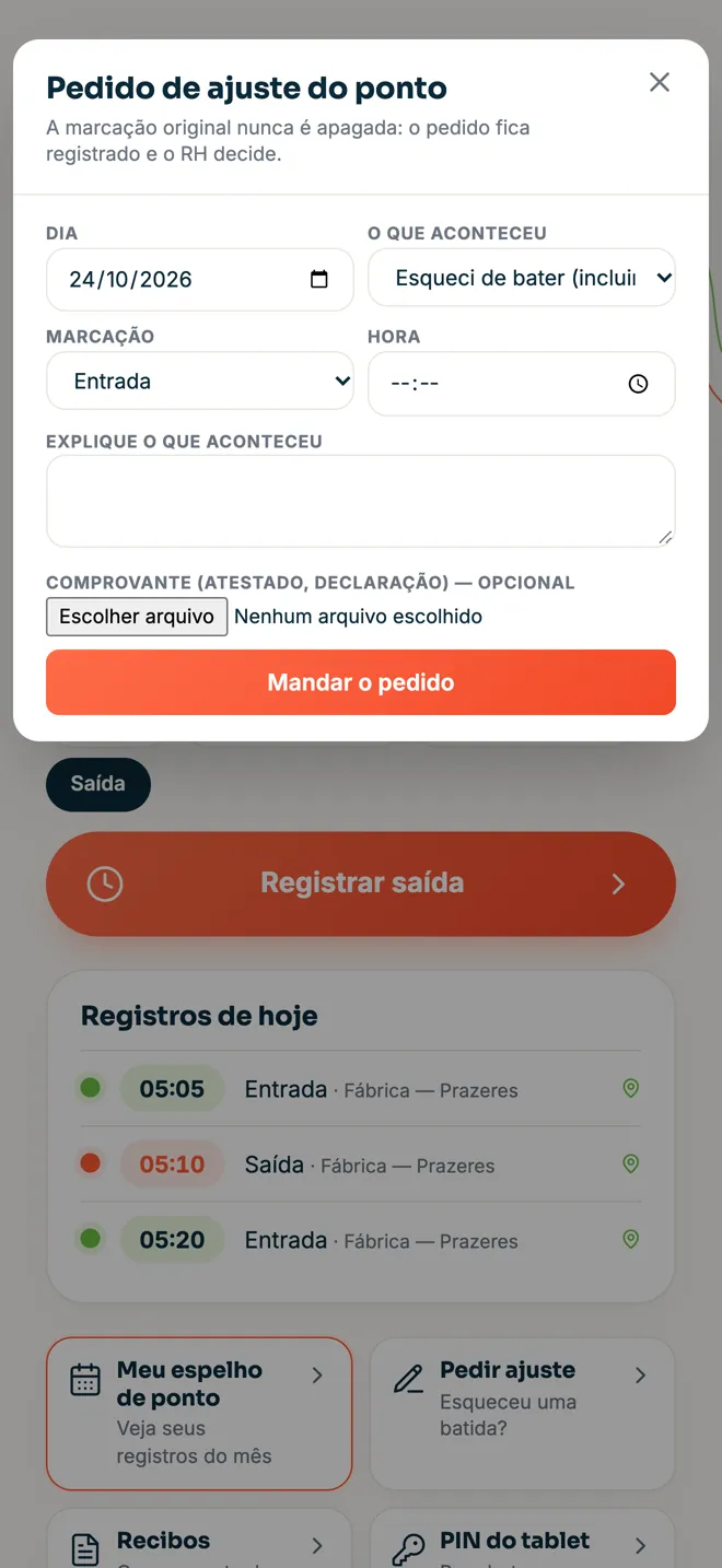 Pedido de ajuste do ponto com anexo do atestado